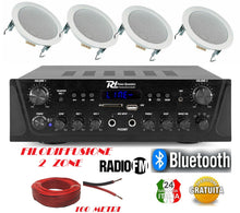 Carica l'immagine nel visualizzatore di Gallery, IMPIANTO AUDIO FILODIFFUSIONE BLUETOOTH K2 1 AMPLIFICATORE 4 CASSE RADIO FM 100 MT CAVO