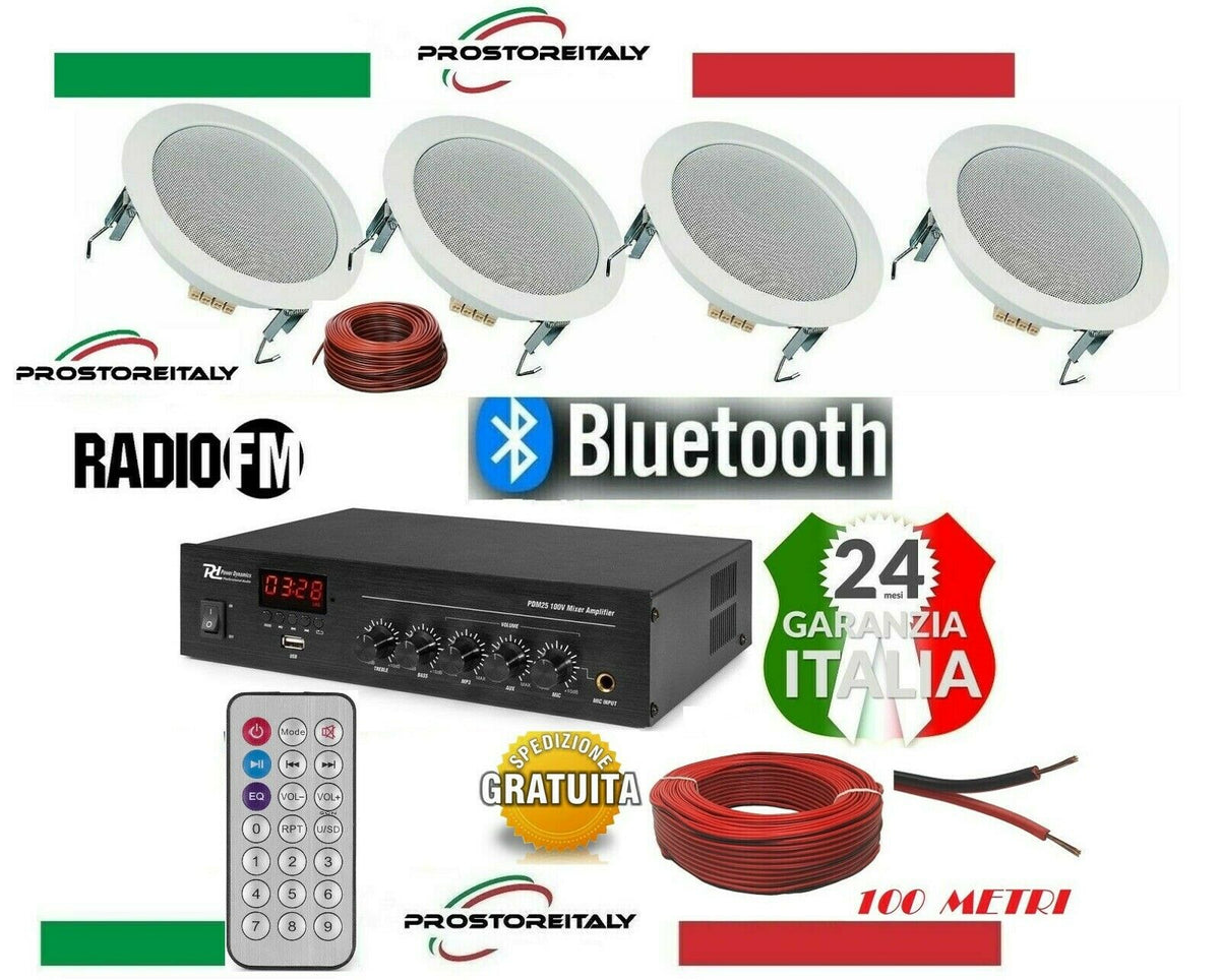 KIT AUDIO 1 FILODIFFUSIONE BLUETOOTH USB RADIO FM TELECOMANDO 5 CASSE DA INCASSO