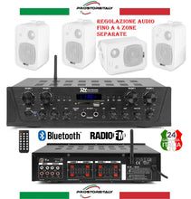 Carica l'immagine nel visualizzatore di Gallery, IMPIANTO AUDIO FILODIFFUSIONE 4 ZONE AUDIO SEPARATE : CASSE AUDIO +AMPLIFICATORE+RADIO FM+BLUETOOTH.