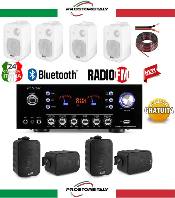 IMPIANTO AUDIO FILODIFFUSIONE 4 CASSE DA PARETE+AMPLIFICATORE+RADIO FM+BLUETOOTH