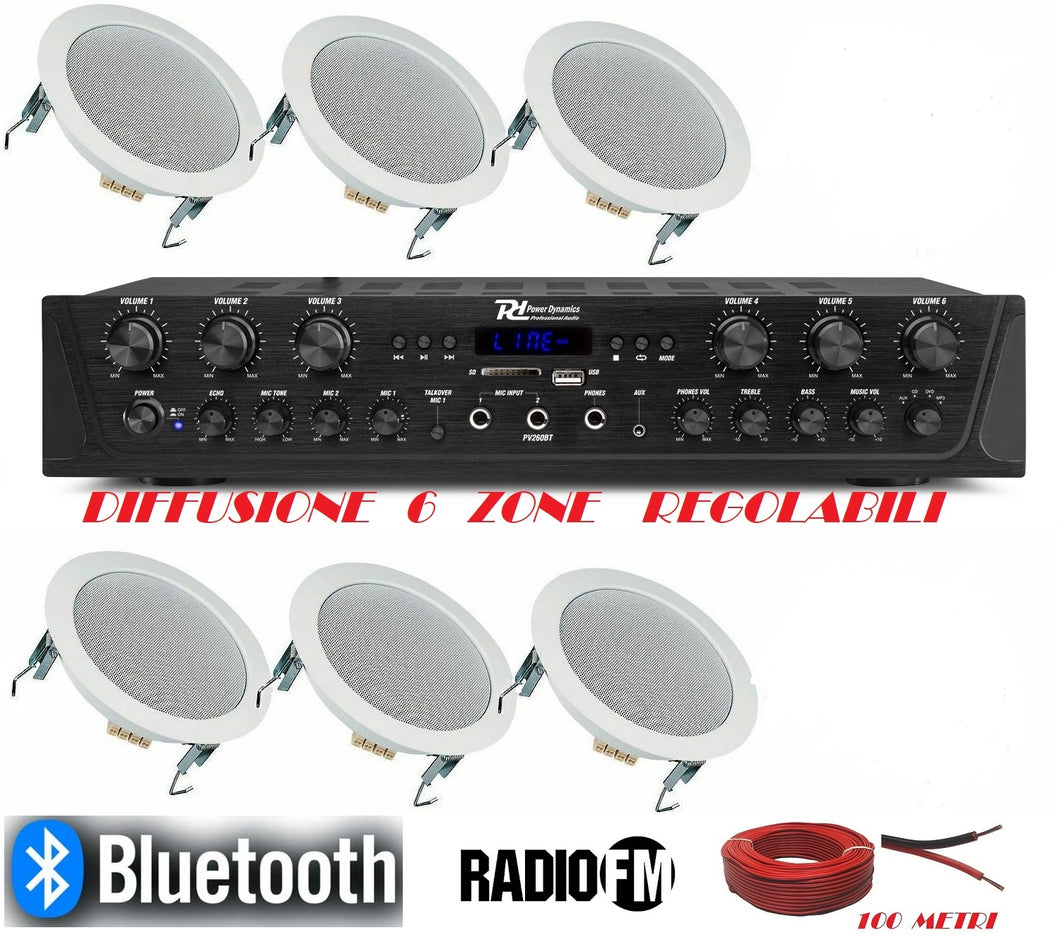 Copia del IMPIANTO AUDIO FILODIFFUSIONE BLUETOOTH 1 AMPLIFICATORE 6 CASSE RADIO FM 100 MT CAVO