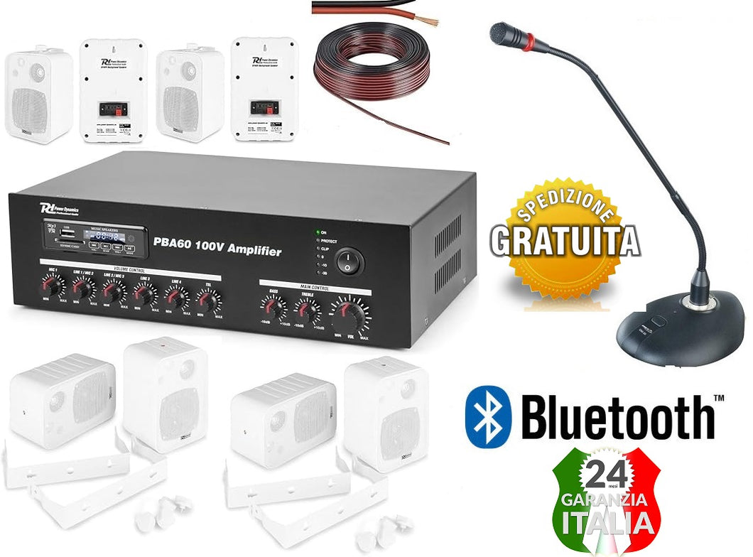 IMPIANTO AUDIO ATTIVO FILODIFFUSIONE Amplificatore+Altoparlanti Parete. Microfono+ Bluetooth