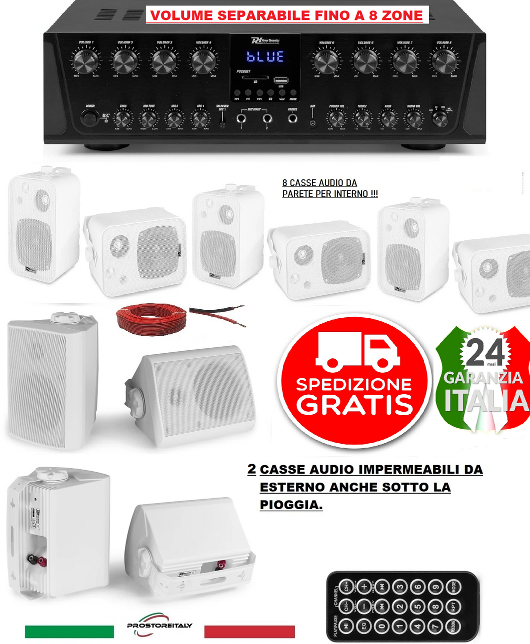 IMPIANTO AUDIO FILODIFFUSIONE 8 ZONE INTERNO/ESTERNO+10 CASSE +AMPLIFICATORE+RADIO FM+BLUETOOTH