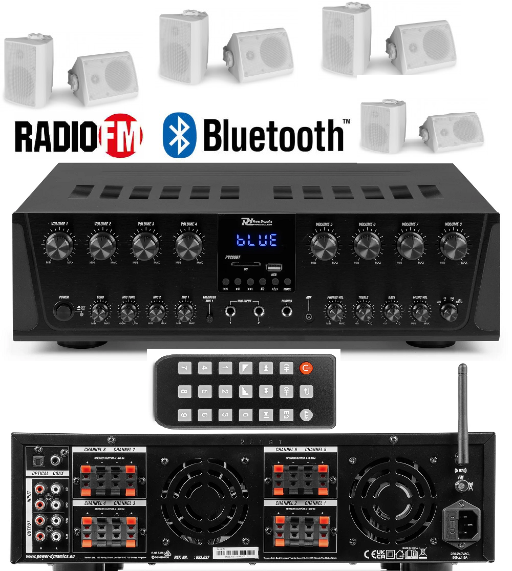 IMPIANTO AUDIO FILODIFFUSIONE ESTERNO 12 CASSE BIANCHE/ NERE +AMPLIFICATORE+RADIO FM+BLUETOOTH