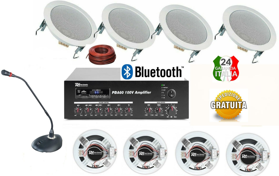 IMPIANTO AUDIO ATTIVO FILODIFFUSIONE Amplificatore+8 Altoparlanti incasso da 6,5'. Microfono+ Bluetooth