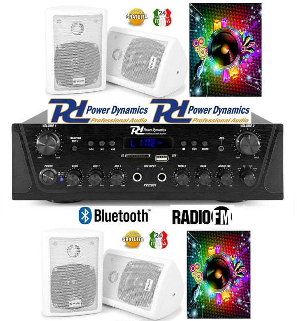 KIT AUDIO FILODIFFUSIONE 4 CASSE DA PARETE BIANCHE O NERE+AMPLIFICATORE+RADIO FM+BLUETOOTH