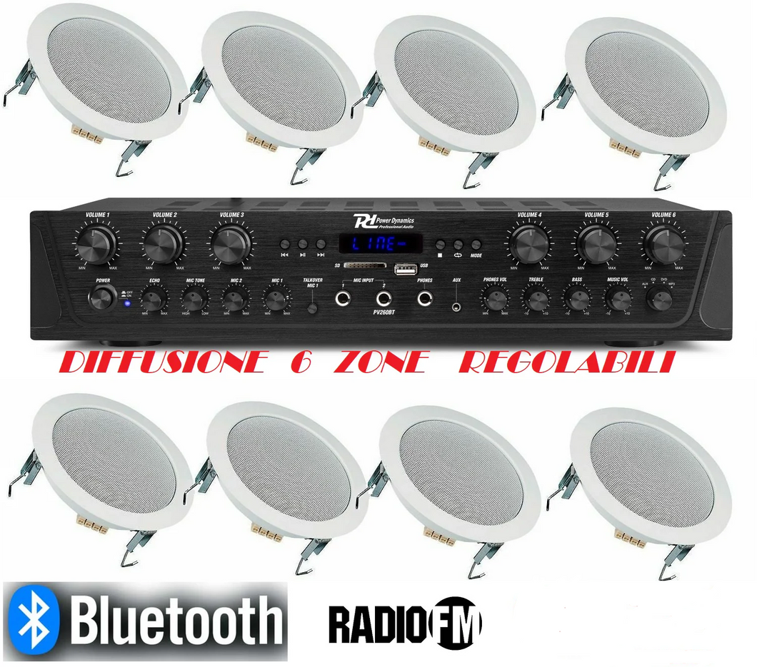 IMPIANTO AUDIO FILODIFFUSIONE BLUETOOTH 1 AMPLIFICATORE 8 CASSE RADIO FM 100 MT CAVO