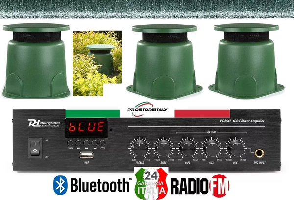 IMPIANTO AUDIO FILODIFFUSIONE DA GIARDINO IPX5 100W + CASSE 100V 5,25" IMPERMEABILI