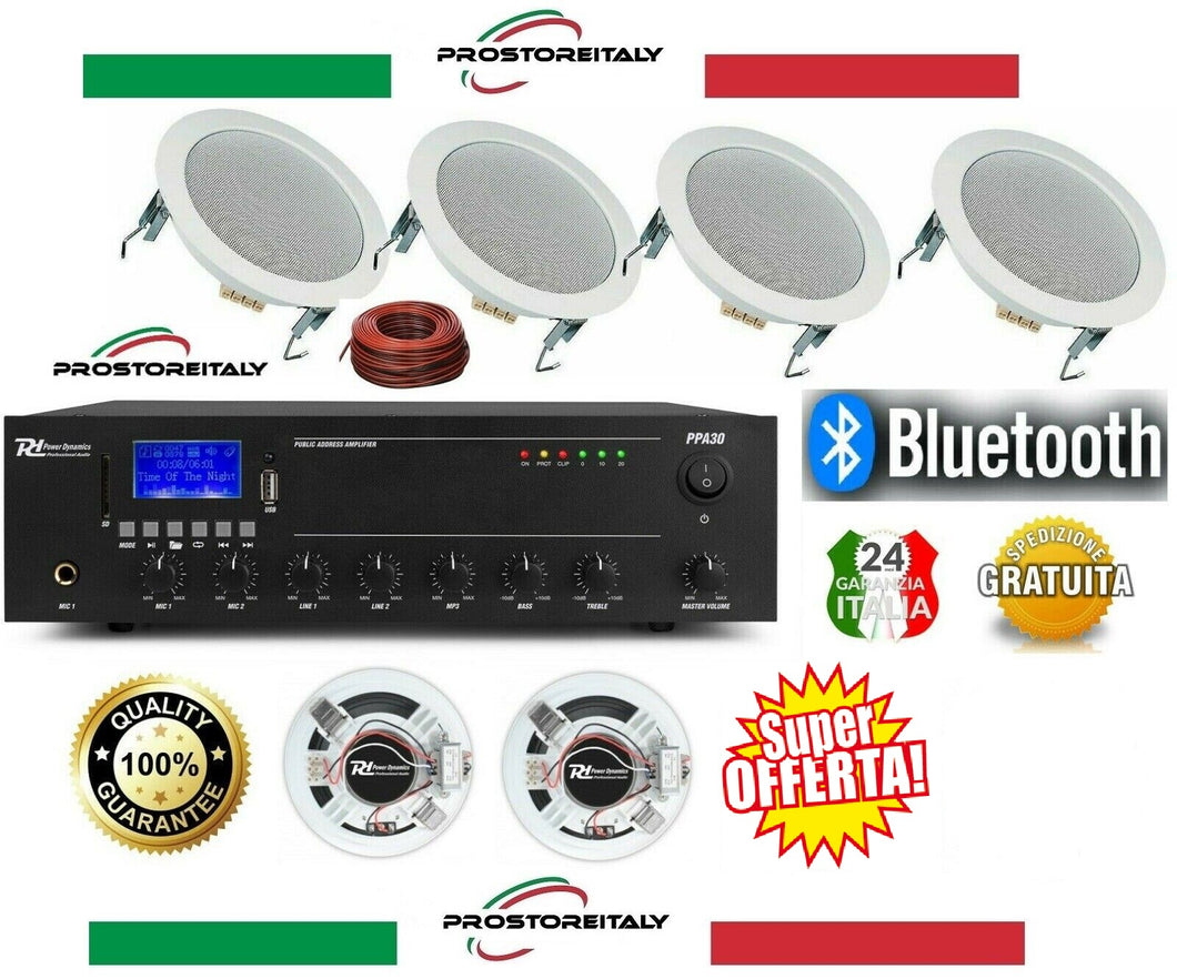 IMPIANTO AUDIO ATTIVO FILODIFFUSIONE Amplificatore+6 Altoparlanti incasso 5' 100 V. Bluetooth