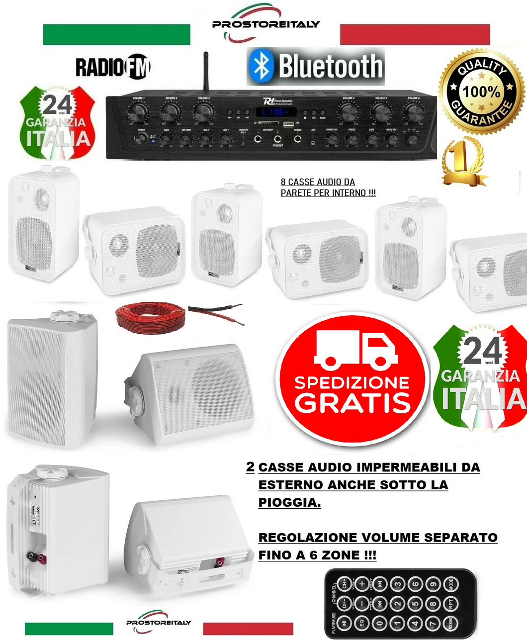IMPIANTO AUDIO FILODIFFUSIONE INTERNO/ESTERNO+10 CASSE +AMPLIFICATORE+RADIO FM+BLUETOOTH