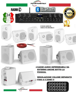 IMPIANTO AUDIO FILODIFFUSIONE INTERNO/ESTERNO+12 CASSE +AMPLIFICATORE+RADIO FM+BLUETOOTH