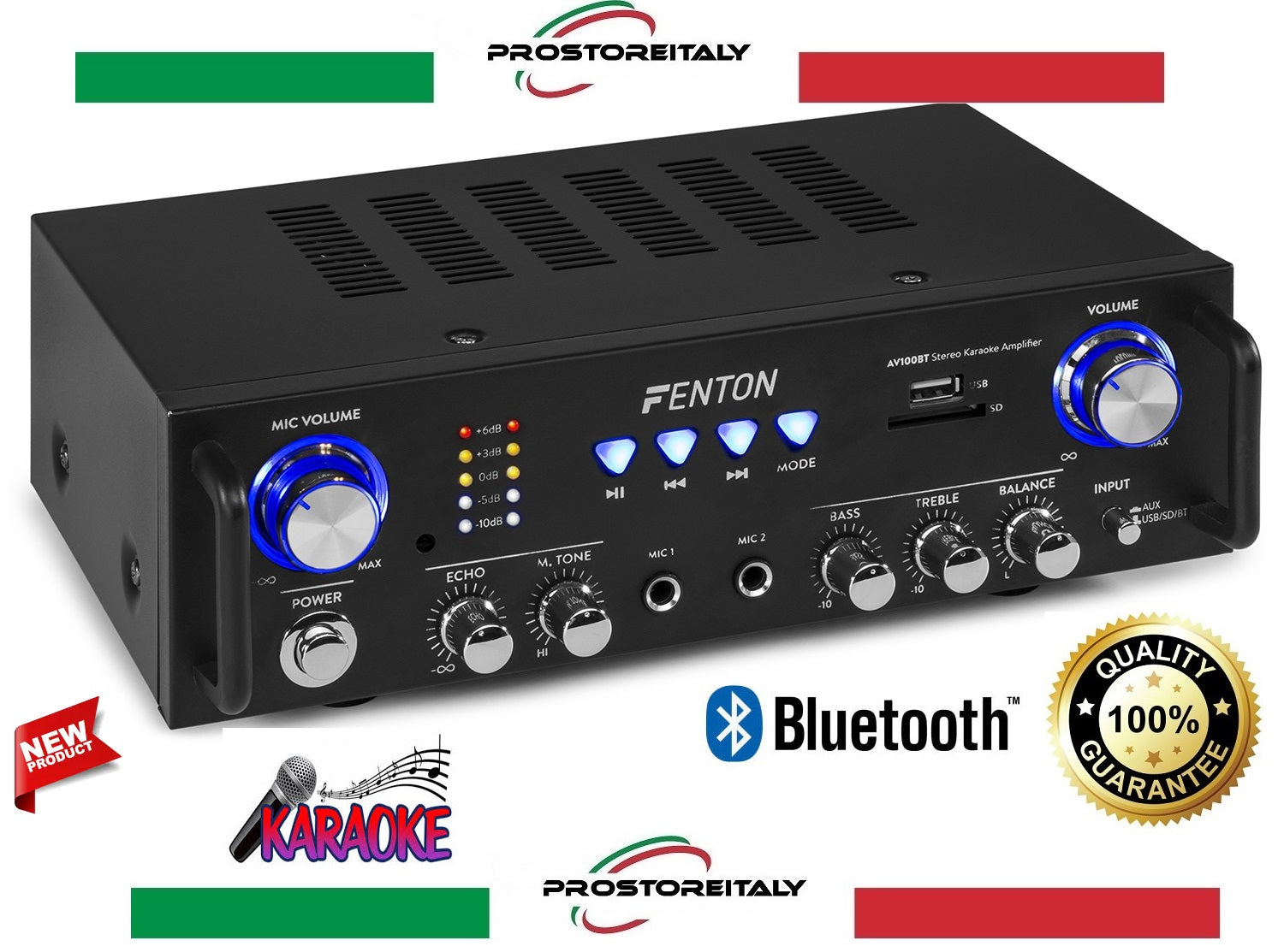 Fenton AV100BT - Amplificateur 2x 50W, Bluetooth, USB, SD