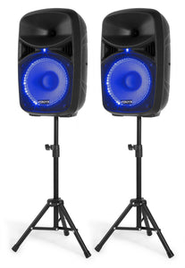 IMPIANTO AUDIO AMPLIFICATO : 2 CASSE 1000 W MAX LED WOOFER 15"+BLUETOOTH+STATIVI