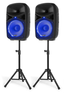 IMPIANTO AUDIO AMPLIFICATO : 2 CASSE 600 W MAX LED WOOFER 10"+BLUETOOTH+STATIVI