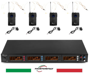 SET DI 4 MICROFONI PORTATILI CUFFIE PROFESSIONALI WIRELESS UHF 4X50 CANALI