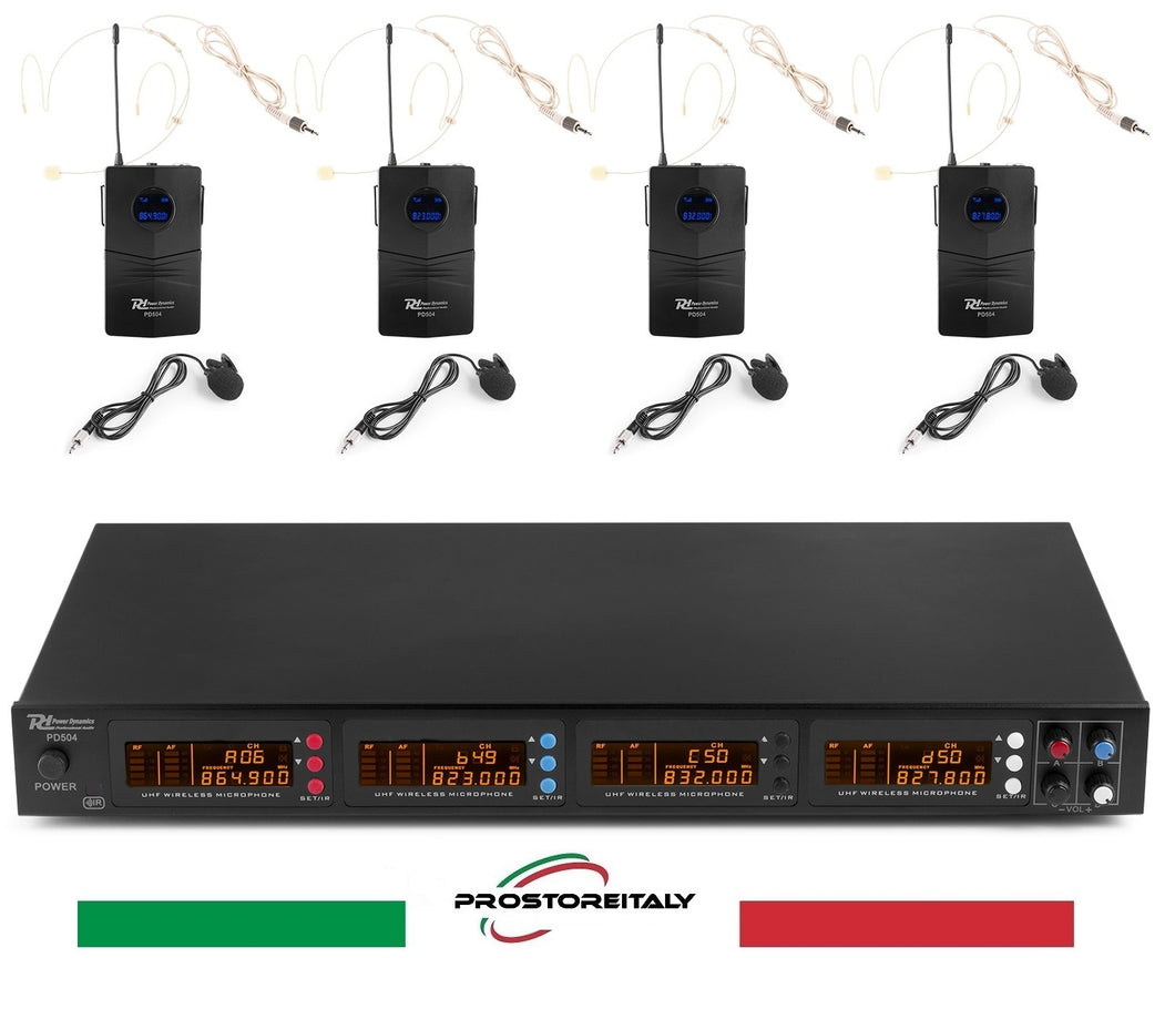 SET DI 4 MICROFONI PORTATILI CUFFIE PROFESSIONALI WIRELESS UHF 4X50 CANALI