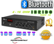 Carica l&#39;immagine nel visualizzatore di Gallery, AMPLIFICATORE FILODIFFUSIONE 100 WATT IBRIDO 4-16 OHM+BLUETOOTH+RADIO FM+USB
