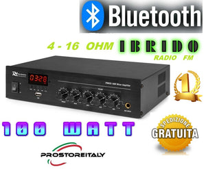 AMPLIFICATORE FILODIFFUSIONE 100 WATT IBRIDO 4-16 OHM+BLUETOOTH+RADIO FM+USB