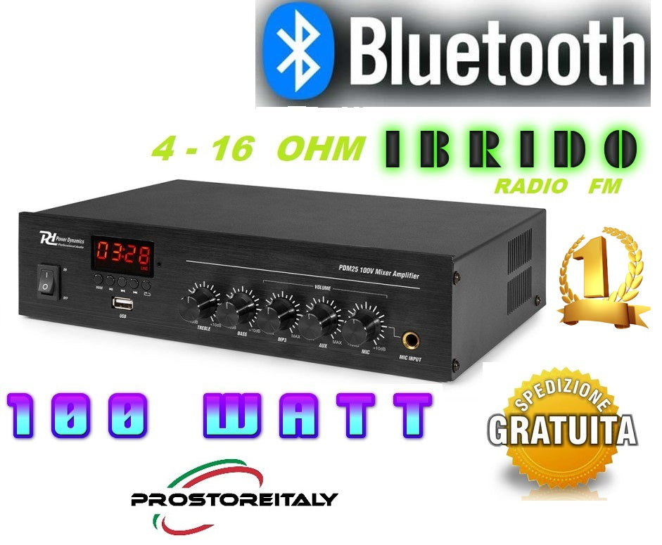 AMPLIFICATORE FILODIFFUSIONE 100 WATT IBRIDO 4-16 OHM+BLUETOOTH+RADIO FM+USB