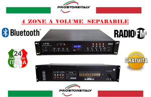 AMPLIFICATORE AUDIO FILODIFFUSIONE A 4 ZONE VOLUME SEPARABILE 180W BLUETOOTH E RADIO FM