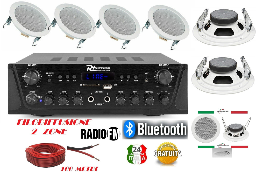 IMPIANTO AUDIO FILODIFFUSIONE BLUETOOTH K2 1 AMPLIFICATORE 8 CASSE RADIO FM 100 MT CAVO