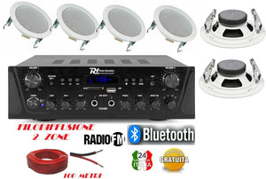 IMPIANTO AUDIO FILODIFFUSIONE BLUETOOTH K2 1 AMPLIFICATORE 6 CASSE DA 5° RADIO FM 100 MT CAVO