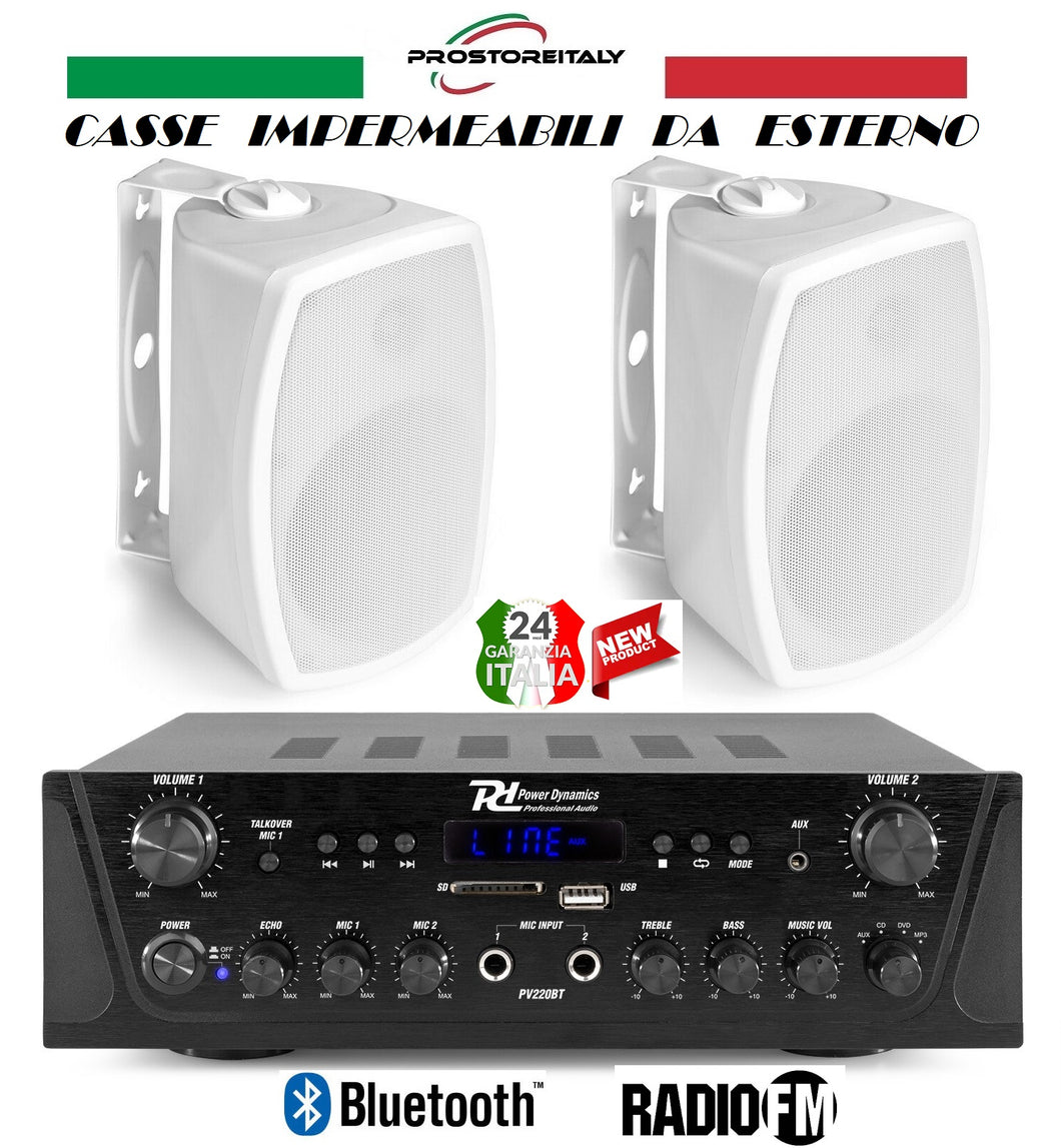 IMPIANTO AUDIO FILODIFFUSIONE ESTERNO 2 CASSE+AMPLIFICATORE+RADIO FM+BLUETOOTH