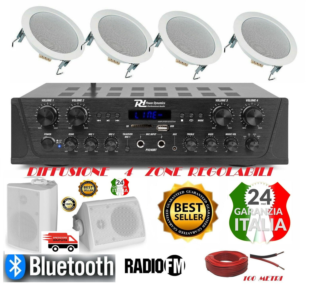 IMPIANTO AUDIO FILODIFFUSIONE BLUETOOTH K6S 1 AMPLIFICATORE 6+2 CASSE RADIO FM 100 MT CAVO