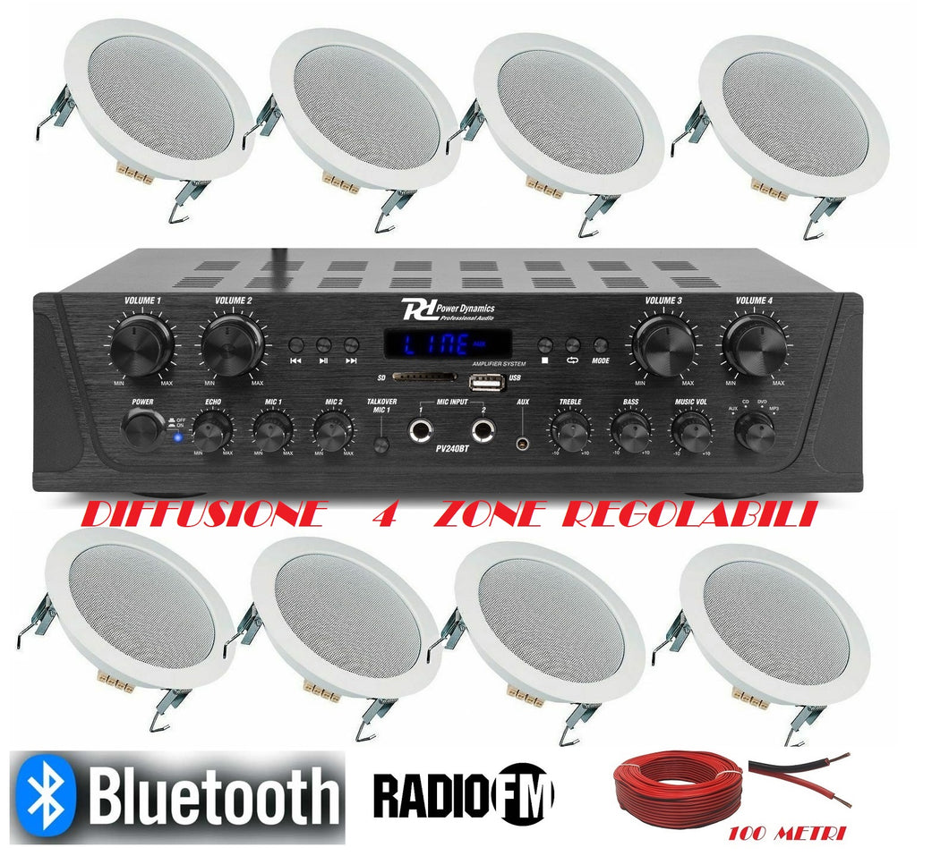 IMPIANTO AUDIO FILODIFFUSIONE BLUETOOTH K4B 1 AMPLIFICATORE 8 CASSE RADIO FM 100 MT CAVO