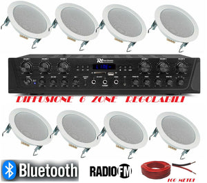 IMPIANTO AUDIO FILODIFFUSIONE BLUETOOTH K6 1/5 AMPLIFICATORE 8 CASSE RADIO FM 100 MT CAVO