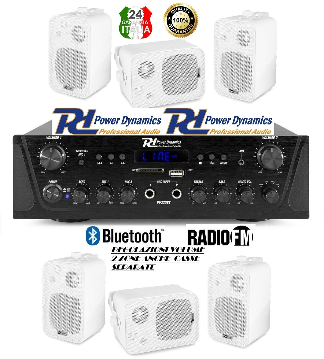 IMPIANTO AUDIO FILODIFFUSIONE 6 CASSE DA PARETE+AMPLIFICATORE+RADIO FM+BLUETOOTH