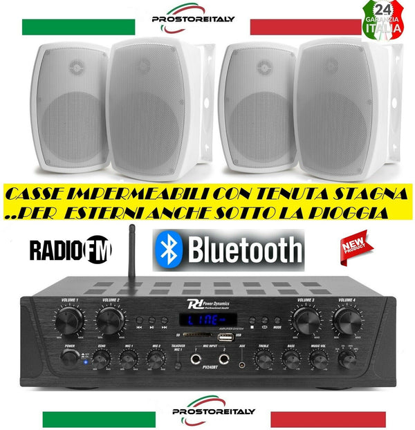 IMPIANTO AUDIO FILODIFFUSIONE ESTERNO 4 CASSE BIANCHE O NERE+AMPLIFICATORE+RADIO FM+BLUETOOTH +100 MT CAVO