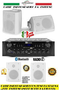 IMPIANTO AUDIO FILODIFFUSIONE ESTERNO 4 CASSE+AMPLIFICATORE+RADIO FM+BLUETOOTH+100 metri cavo