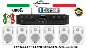 IMPIANTO AUDIO FILODIFFUSIONE 6C : CASSE AUDIO INTERNO ED ESTERNO+AMPLIFICATORE+RADIO FM+BLUETOOTH.