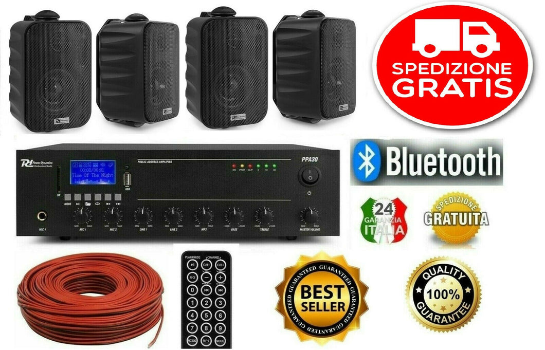 IMPIANTO AUDIO FILODIFFUSIONE BV40 LOCALI 100Watt+4 Altoparlanti+Bluetooth+100Mt Cavo