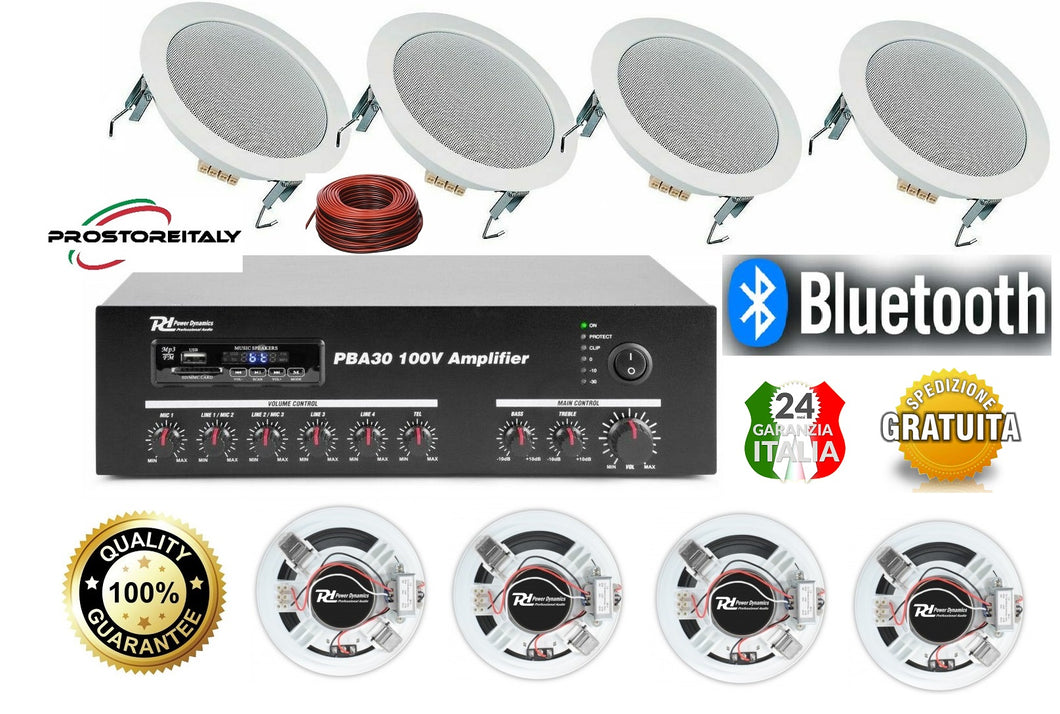 IMPIANTO AUDIO ATTIVO FILODIFFUSIONE Amplificatore+8 Altoparlanti incasso da 6,5'. 100 Watt. Bluetooth