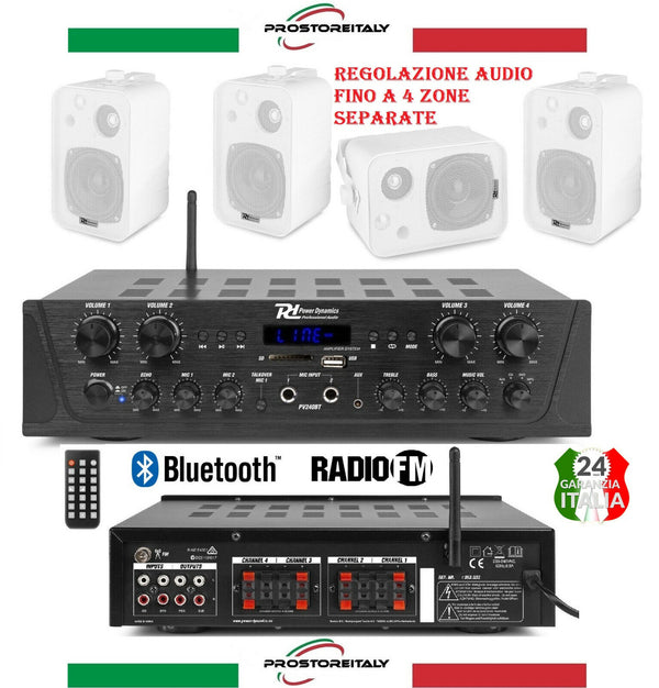 IMPIANTO AUDIO FILODIFFUSIONE 4 ZONE AUDIO SEPARATE : CASSE AUDIO +AMPLIFICATORE+RADIO FM+BLUETOOTH.