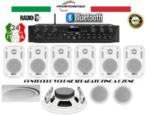 IMPIANTO AUDIO FILODIFFUSIONE 6C :10 CASSE AUDIO +AMPLIFICATORE+RADIO FM+BLUETOOTH.