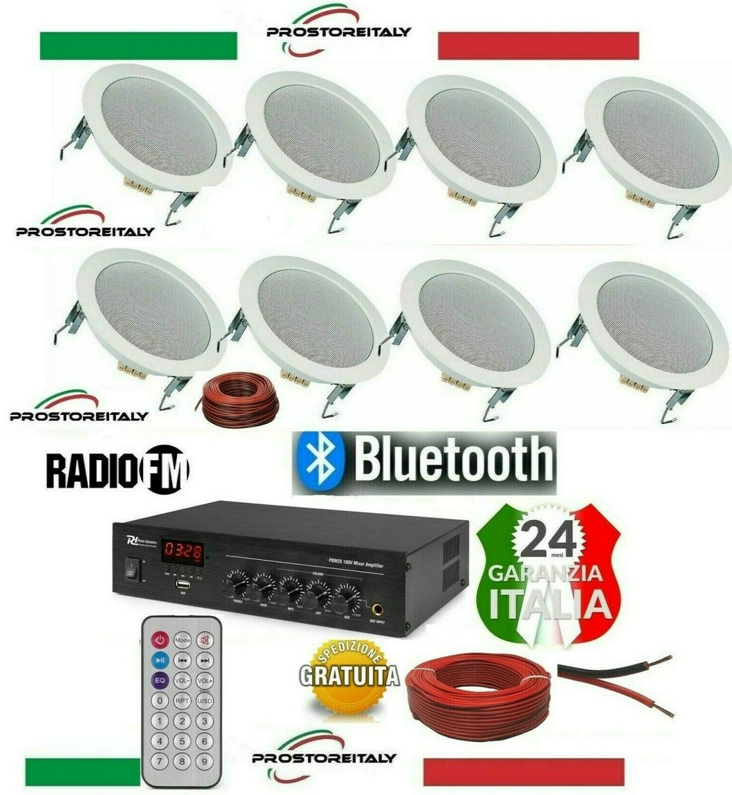 KIT AUDIO 1PDM25 FILODIFFUSIONE BLUETOOTH+USB+RADIO FM+TELECOMANDO+8 CASSE DA INCASSO